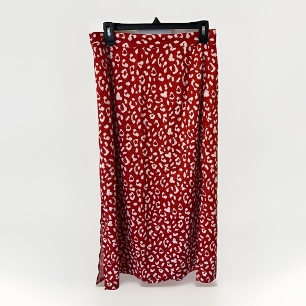 Lyaner Red Animal Print Patterned Satin Midi Skirt With Slit‎ On Side, Size L